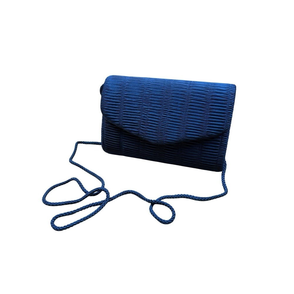 80s Quilted Navy Evening Clutch Bag Satin Pleated Design Braided Strap Party Bag